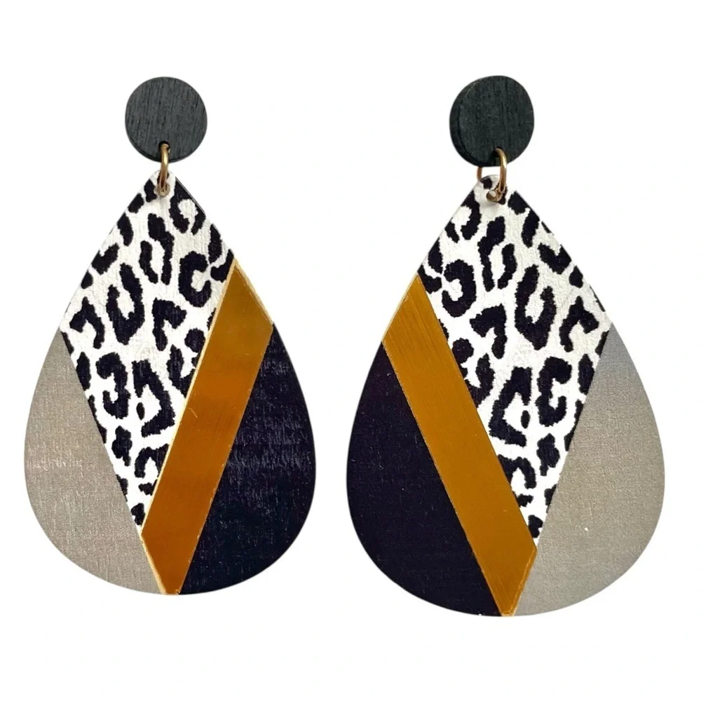 Boho Chic Leopard Print Waterdrop Earrings Retro Glam 80s Hippie Style - Picture 3 of 9